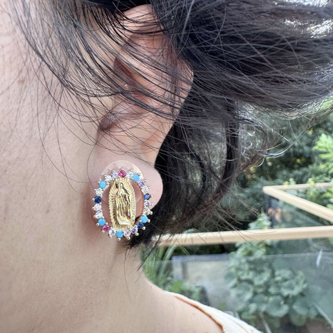 Our Lady of Guadalupe Devotional Earrings with Sparkling Crystal Border