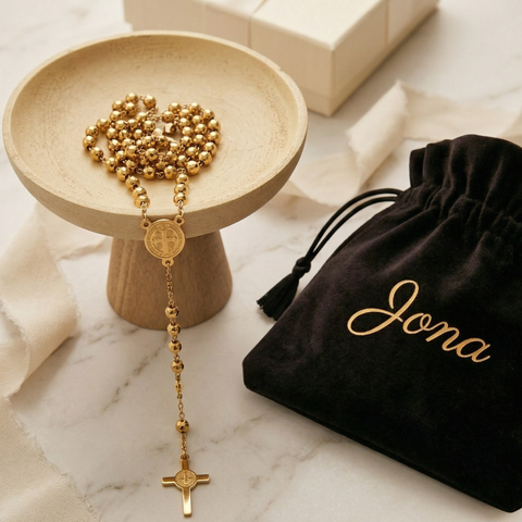 Personalized St. Benedict Stainless Steel Rosary Necklace (Silver & Gold) Catholic Prayer Beads