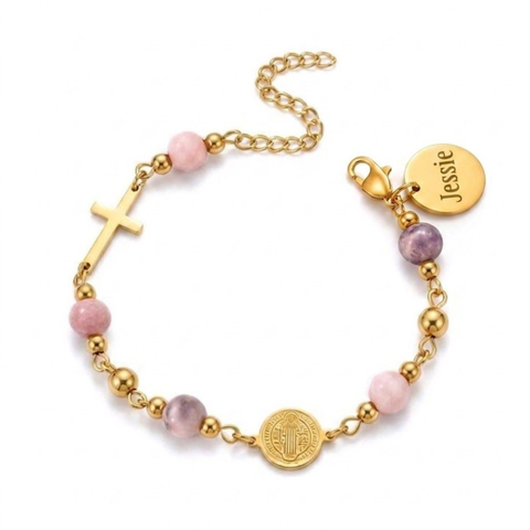 St. Benedict Medal and Cross Personalized Color Bracelet