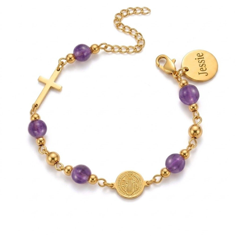 St. Benedict Medal and Cross Personalized Color Bracelet