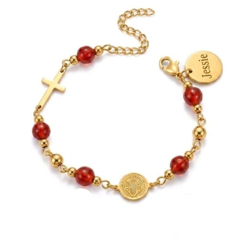 St. Benedict Medal and Cross Personalized Color Bracelet