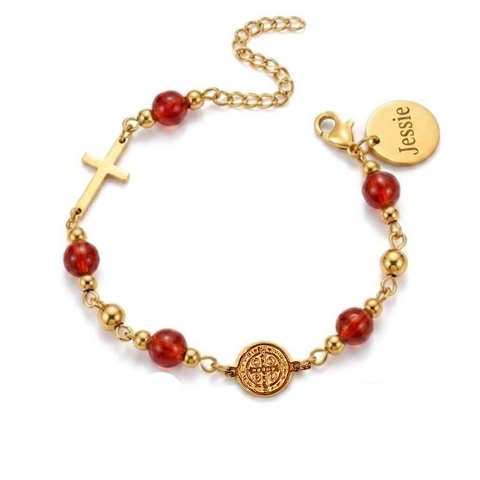 St. Benedict Medal and Cross Personalized Color Bracelet