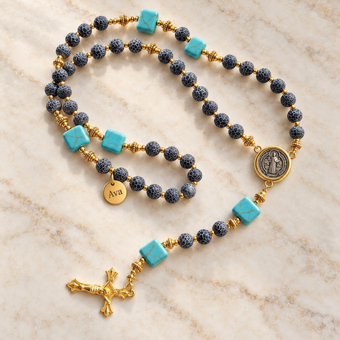 Personalized St. Benedict Rosary with Stone Beads