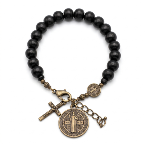 St. Benedict Medal Bracelet – Black Wood Beads with Antique Crucifix Charm
