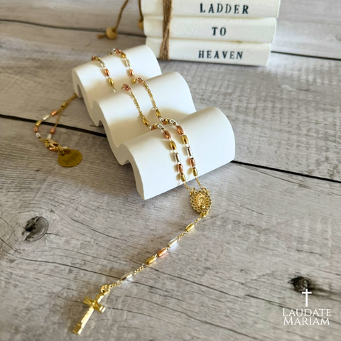 Our Lady of Guadalupe Tricolor Personalized Rosary – Gold, Silver & Rose Gold Stainless