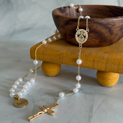 Classic White Pearl Rosary with Personalized Name