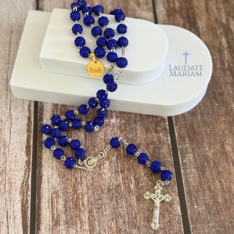 Personalized Blue Rhinestone Rosary – Elegant Catholic Gift with Free Name Pouch