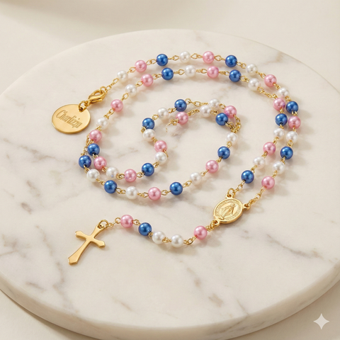 Personalized Marian Rosary in Blue, Pink & White