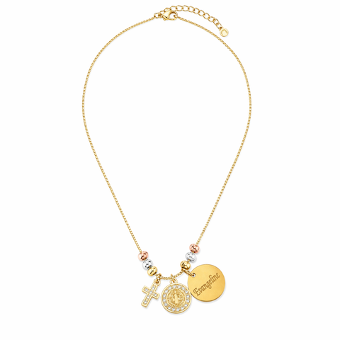Personalized St. Benedict Gold Necklace with Name – Tri-Color Beads Catholic Jewelry Gift