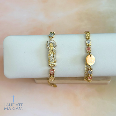 Personalized Virgin Mary Gold Bracelet – Custom Name Engraving, Floral Chain, Gold-Plated Stainless Steel, Adjustable Fit
