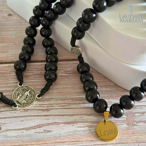 Personalized St. Benedict Wooden Rosary – Handcrafted Beads & Custom Engraved Pendant