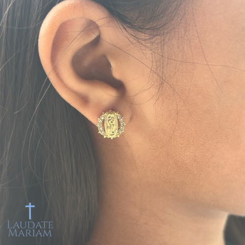 Our Lady of Guadalupe Earrings – Gold-Plated Devotional Studs with Sparkling Crystal Border | Catholic Gift for Women