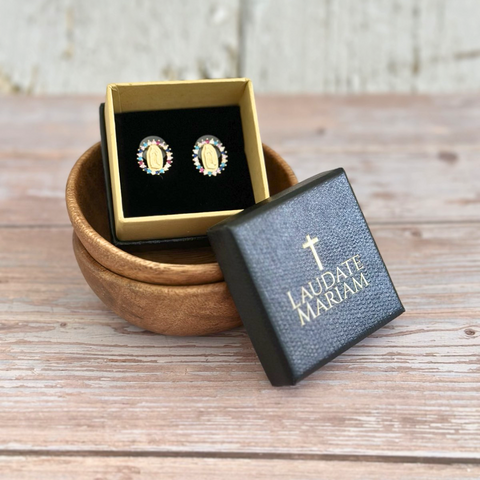 Our Lady of Guadalupe Devotional Earrings with Sparkling Crystal Border