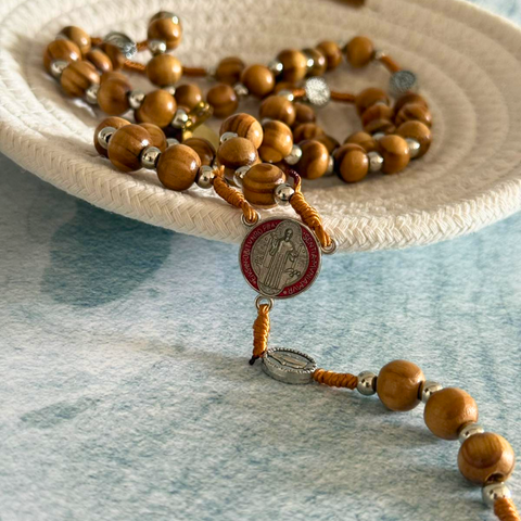 Personalized St. Benedict Wooden Rosary – Handcrafted Beads & Custom Engraved Pendant