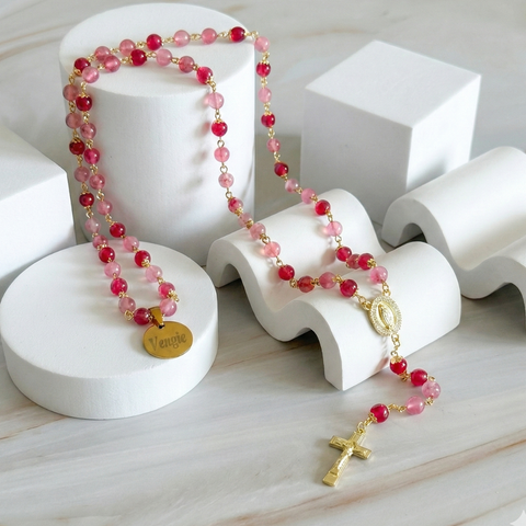 Personalized Pink Lapis Lazuli Rosary with Our Lady of Guadalupe Medal