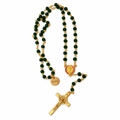 St. Benedict Personalized Rosary with Emerald Green Glass Beads