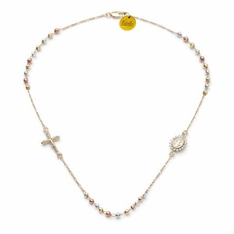 St. Benedict Rosary Necklace for Women – Stainless Steel 3-Decade Tricolor Beads