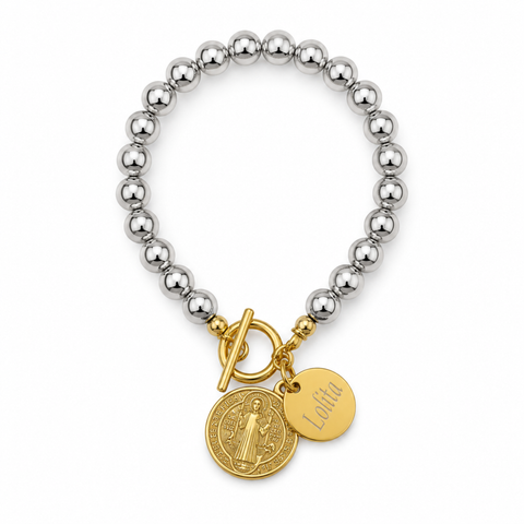 Personalized St. Benedict Medal Silver Bracelet in Stainless Steel