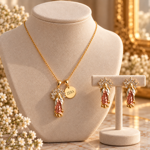 Personalized Virgin Mary Jewelry Set – Necklace and Earrings with Pendant