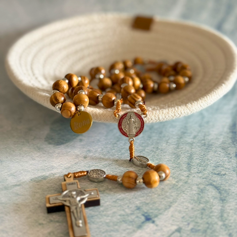Personalized St. Benedict Wooden Rosary – Handcrafted Beads & Custom Engraved Pendant