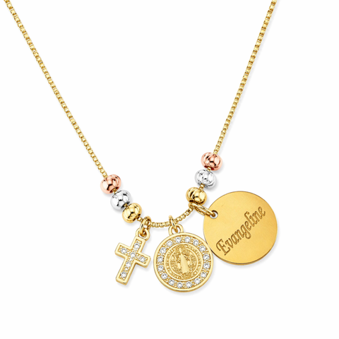 Personalized St. Benedict Gold Necklace with Name – Tri-Color Beads Catholic Jewelry Gift