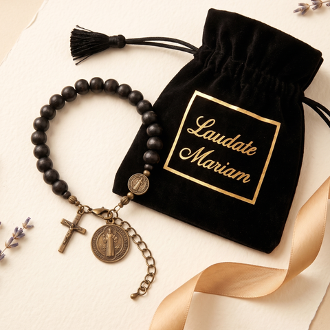 St. Benedict Medal Bracelet – Black Wood Beads with Antique Crucifix Charm