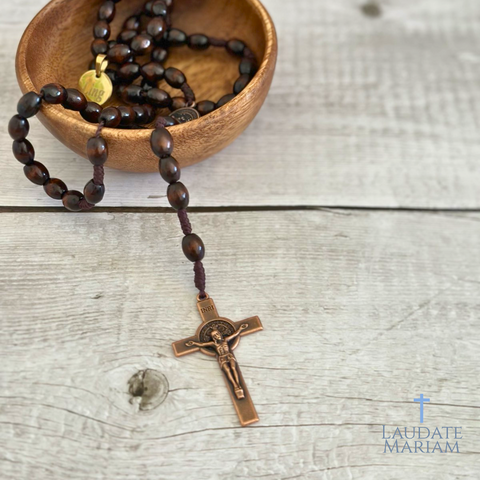 Personalized St. Benedict Wooden Rosary – Handcrafted Beads & Custom Engraved Pendant