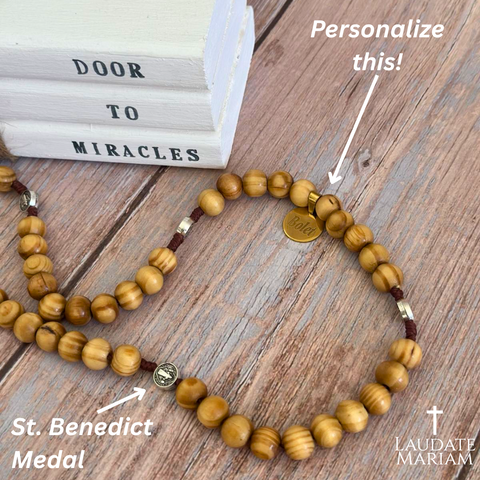 Personalized St. Benedict Wooden Rosary – Handcrafted Beads & Custom Engraved Pendant