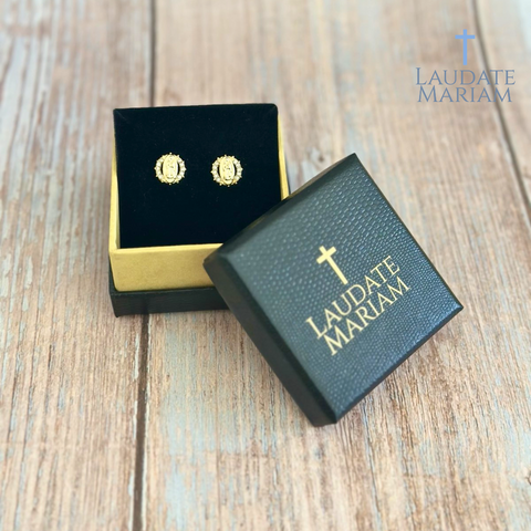 Our Lady of Guadalupe Earrings – Gold-Plated Devotional Studs with Sparkling Crystal Border | Catholic Gift for Women