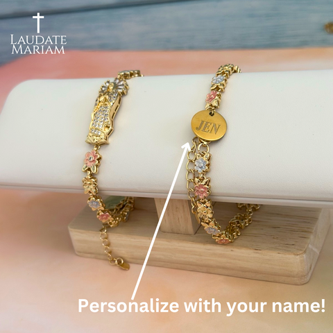 Personalized Virgin Mary Gold Bracelet – Custom Name Engraving, Floral Chain, Gold-Plated Stainless Steel, Adjustable Fit
