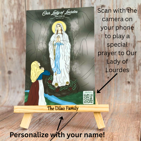 Our Lady of Lourdes Personalized Prayer Card – A Devotional Treasure with Scannable Prayer