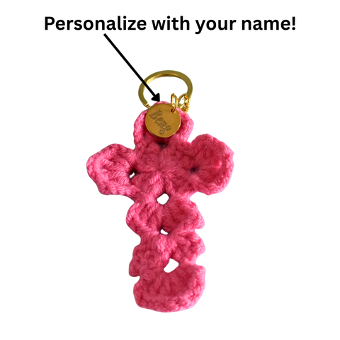 Personalized Catholic Keychain with Crochet Cross – Handmade Faith Gift for All Ages