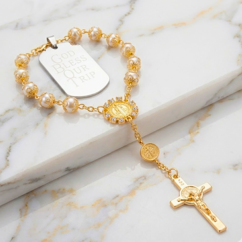 Personalized St. Benedict Car Rosary with Faux Pearl Beads
