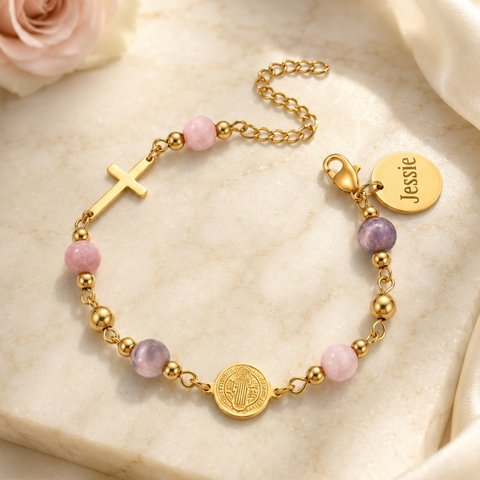 St. Benedict Medal and Cross Personalized Color Bracelet