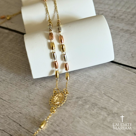 Our Lady of Guadalupe Tricolor Personalized Rosary – Gold, Silver & Rose Gold Stainless