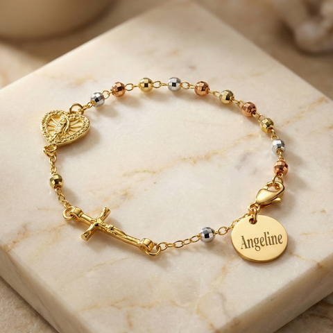 Personalized Rosary Bracelet with Guadalupe Medal – Tri-Color Stainless Steel