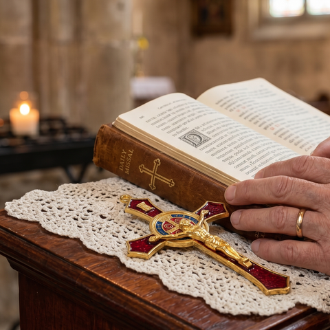 St. Benedict Palm-Sized Crucifix – Brown, Red, & White | Catholic Pocket Cross