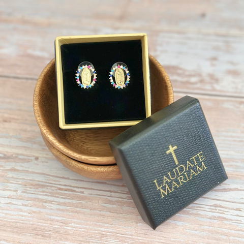 Our Lady of Guadalupe Devotional Earrings with Sparkling Crystal Border