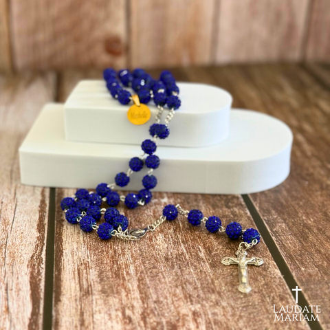 Personalized Blue Rhinestone Rosary – Elegant Catholic Gift with Free Name Pouch