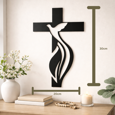 Holy Spirit Cross Wall Decor – Matte Black Metal Christian Art