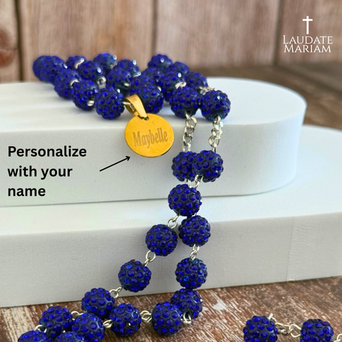 Personalized Blue Rhinestone Rosary – Elegant Catholic Gift with Free Name Pouch
