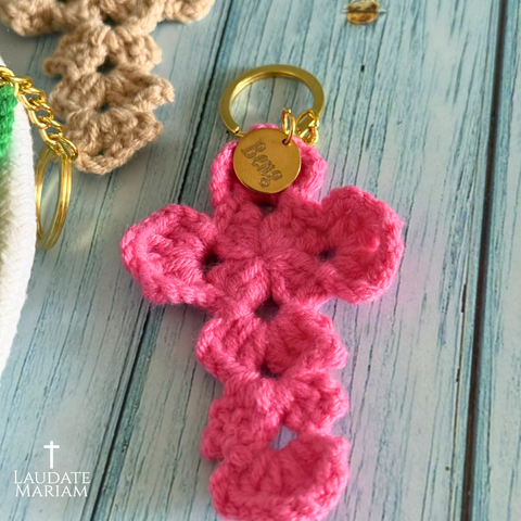 Personalized Catholic Keychain with Crochet Cross – Handmade Faith Gift for All Ages