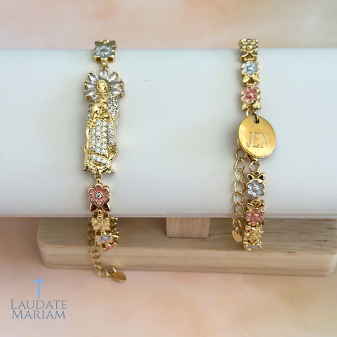 Personalized Virgin Mary Gold Bracelet – Custom Name Engraving, Floral Chain, Gold-Plated Stainless Steel, Adjustable Fit