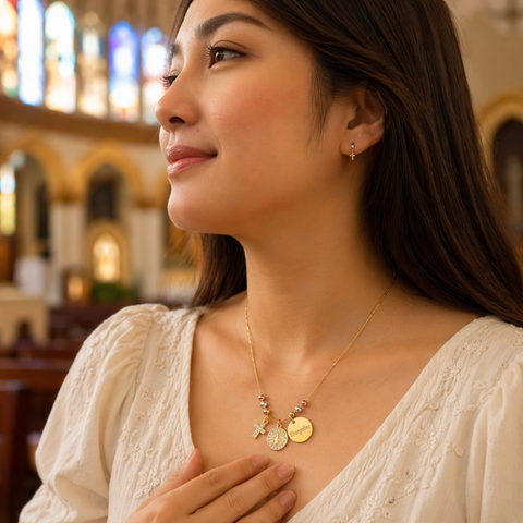 Personalized St. Benedict Gold Necklace with Name – Tri-Color Beads Catholic Jewelry Gift
