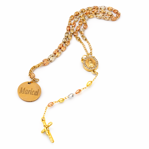 Tri-Color Watermelon Bead Rosary with Guadalupe Zirconia Pendant and Gold Crucifix
