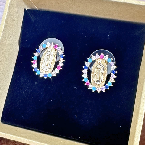 Our Lady of Guadalupe Devotional Earrings with Sparkling Crystal Border