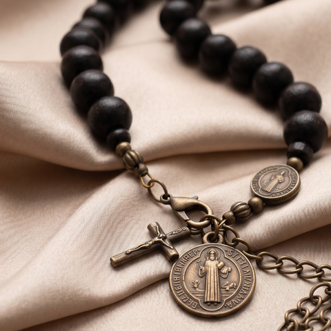 St. Benedict Medal Bracelet – Black Wood Beads with Antique Crucifix Charm