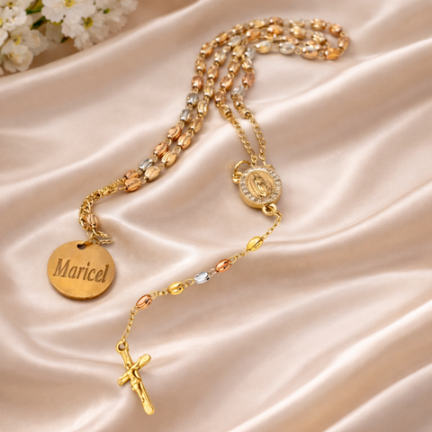Tri-Color Watermelon Bead Rosary with Guadalupe Zirconia Pendant and Gold Crucifix