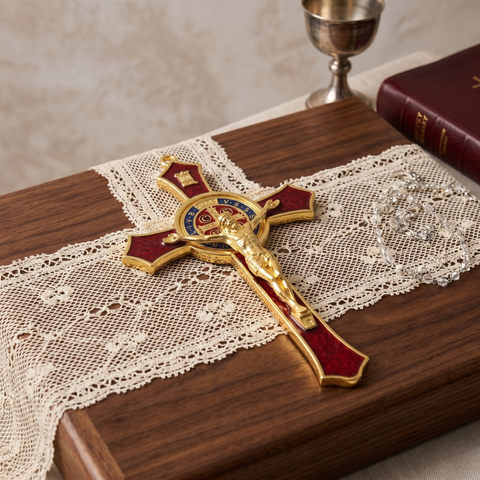 St. Benedict Palm-Sized Crucifix – Brown, Red, & White | Catholic Pocket Cross