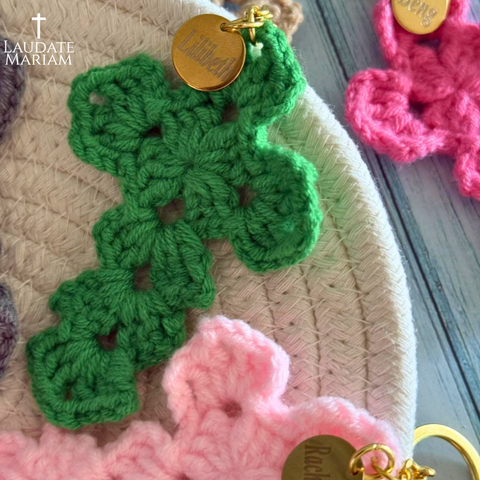 Personalized Catholic Keychain with Crochet Cross – Handmade Faith Gift for All Ages